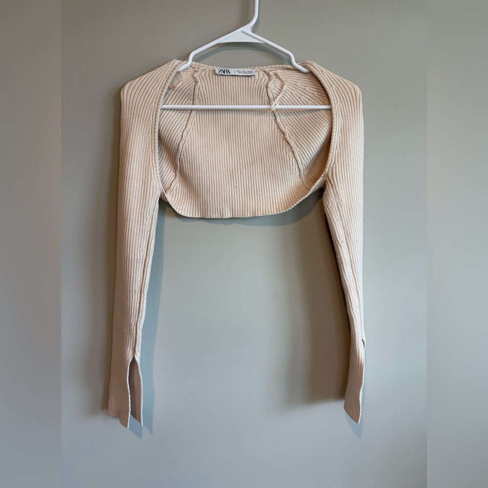 Zara Beige Ribbed Cropped Cardigan - Picture 3 of 10